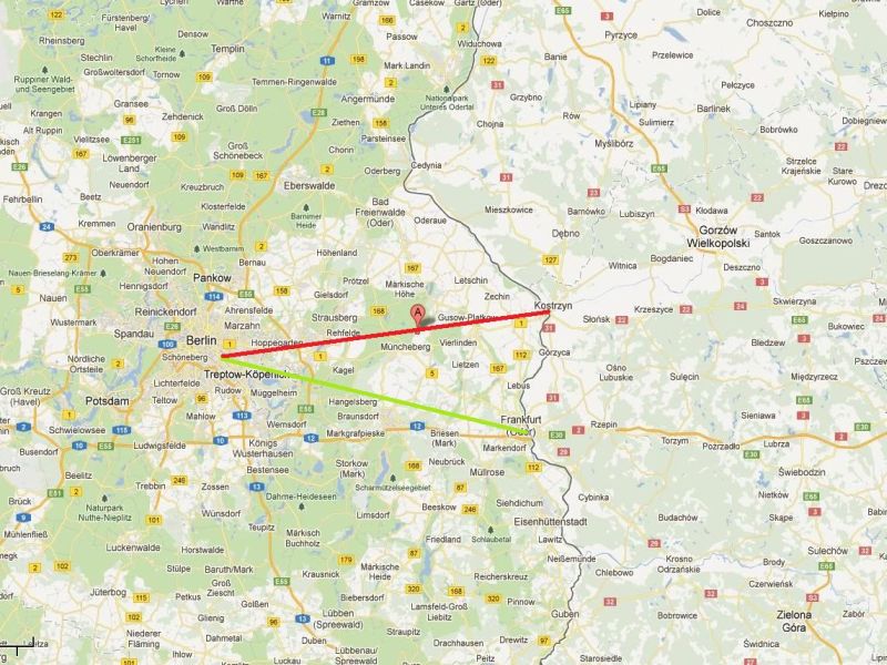 Grün: die Hauptstrecke, Rot: die hier zusehende Umleitungsstrecke