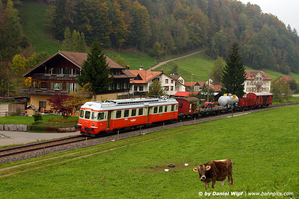 Die Fahrten zwischen Bauma und Fischental wurden immer mit demselben Zug durchgeführt. Das Triebfahrzeug wechselte jedoch jeweils. Hier führt der ehemalige RBe 4/4 der WM den Kurzgüterzug nach Fischental. Aufgenommen nahe Steg